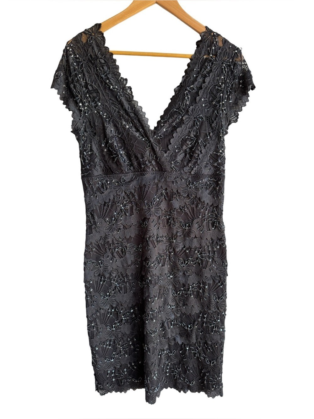 Le Chateau Full Lace Cocktail Dress Sz L Dark Grey Tiered Beaded Sexy Party